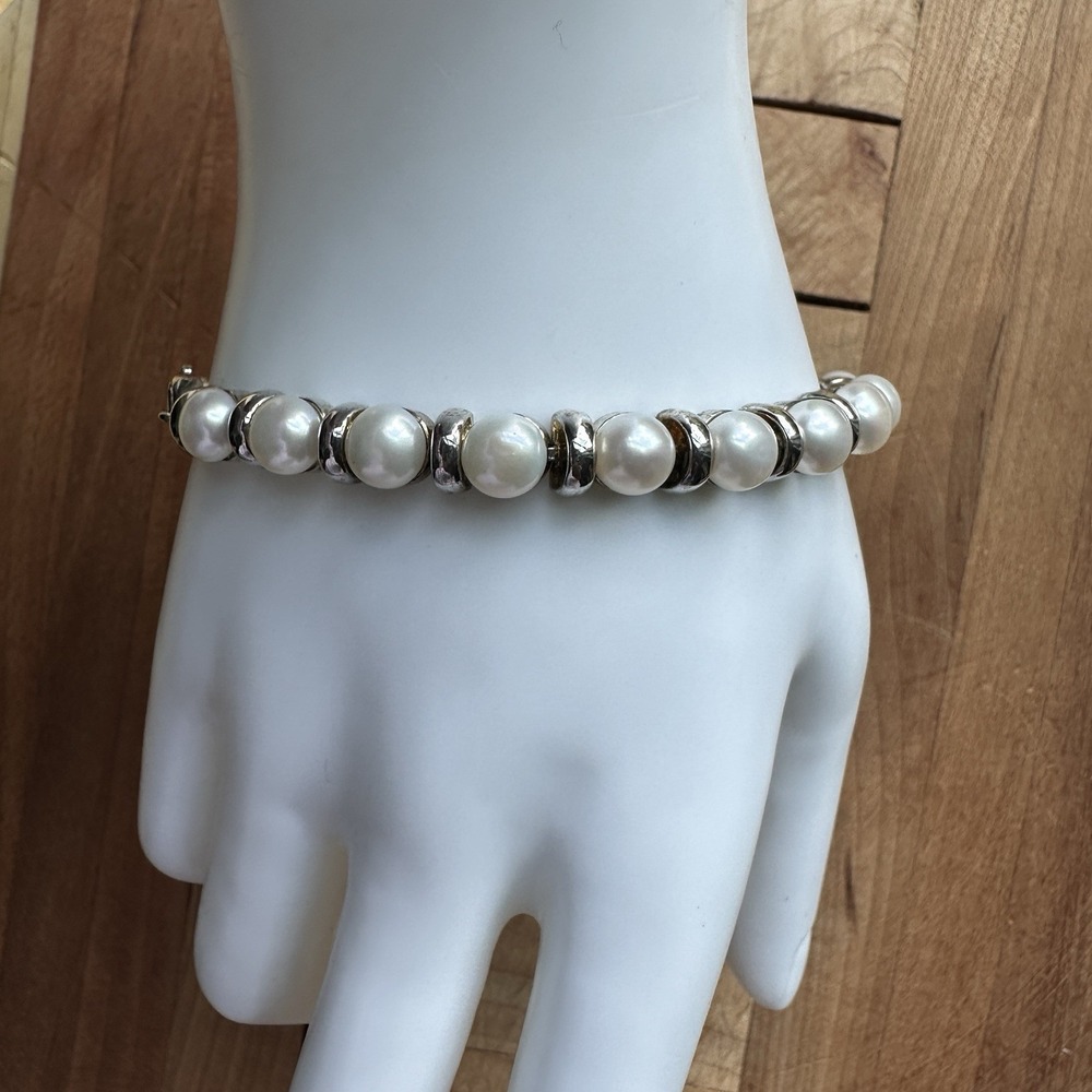 VTG Signed Honora Cultured Pearl Rondell Bracelet 8 Inch 925 Sterling 25.9g